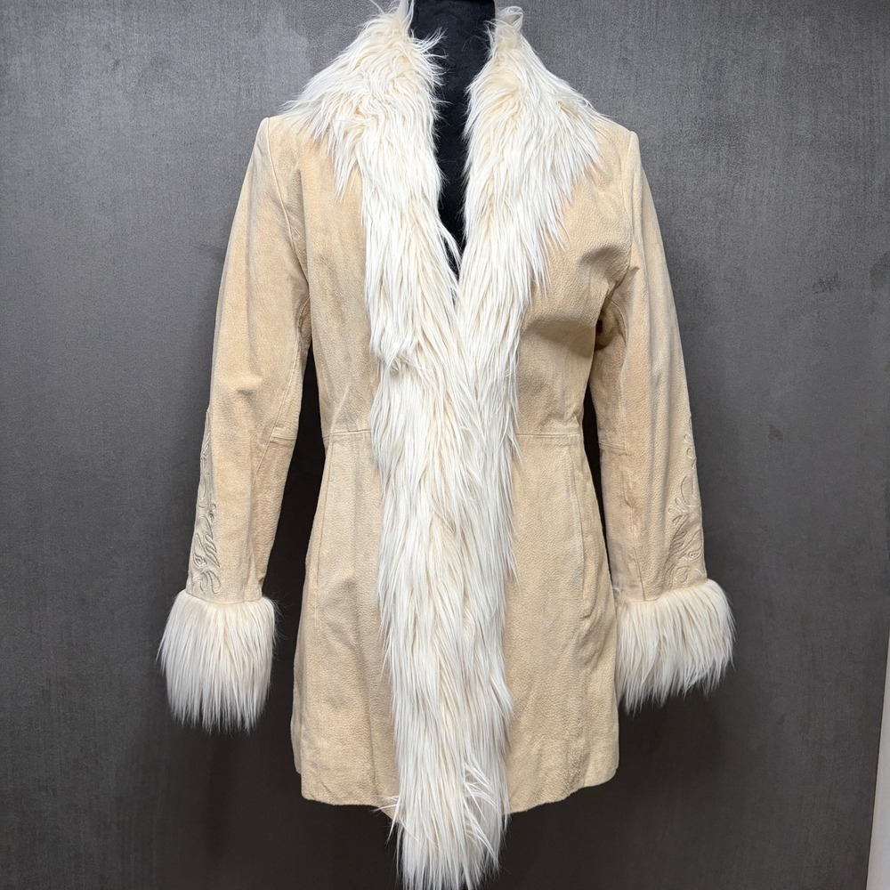 Vtg Y2K Mixit Penny Lane Coat Women Petite S Tan Suede Embroidered Faux Fur Trim